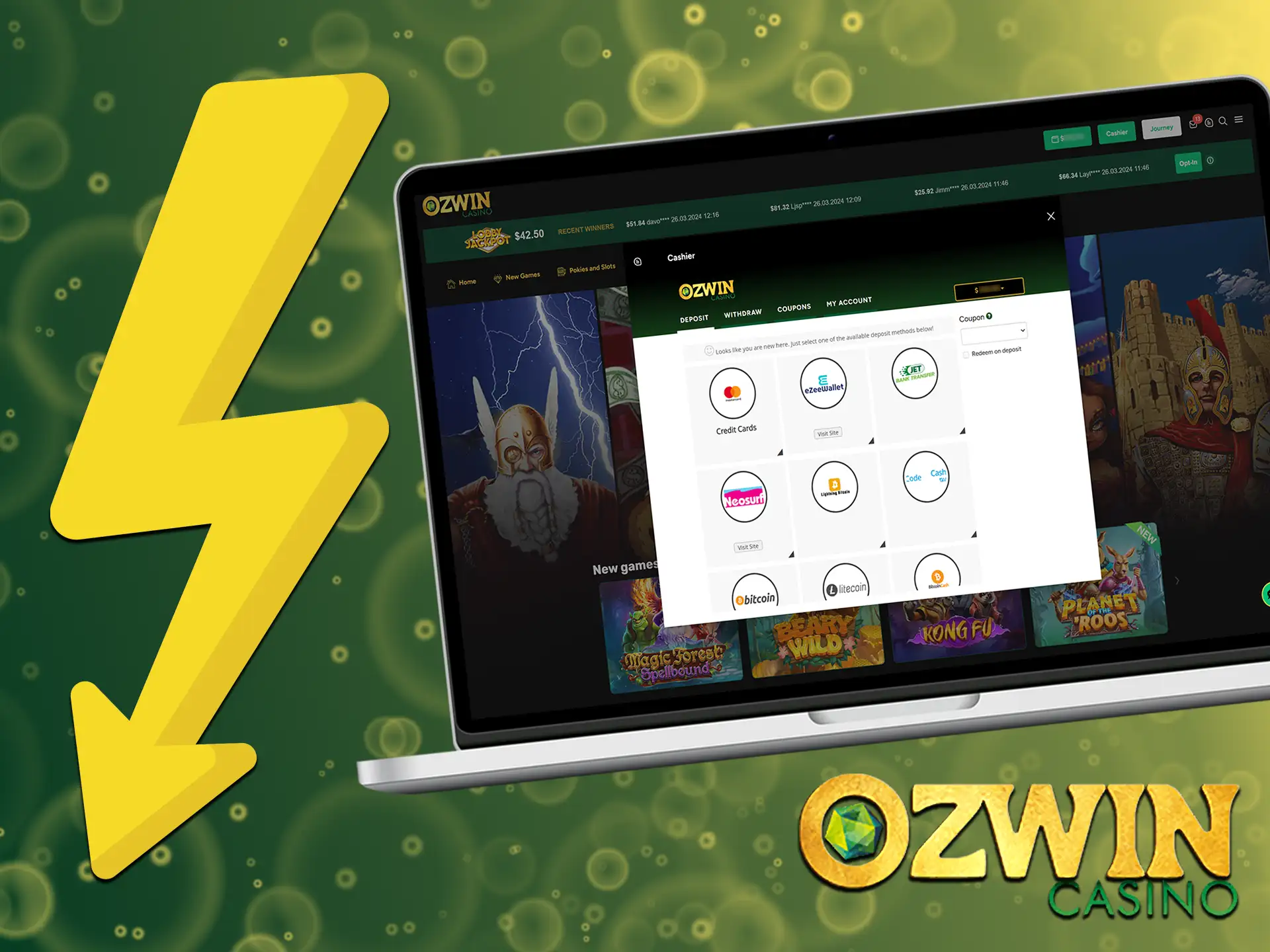 Skip the wait and fund your Ozwin account in seconds with cryptocurrencies.