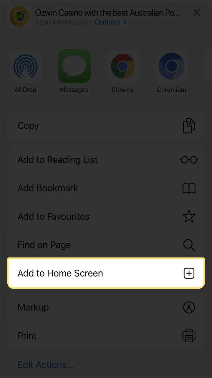 Click on the “Add to Home Screen” button to install the Ozwin application.