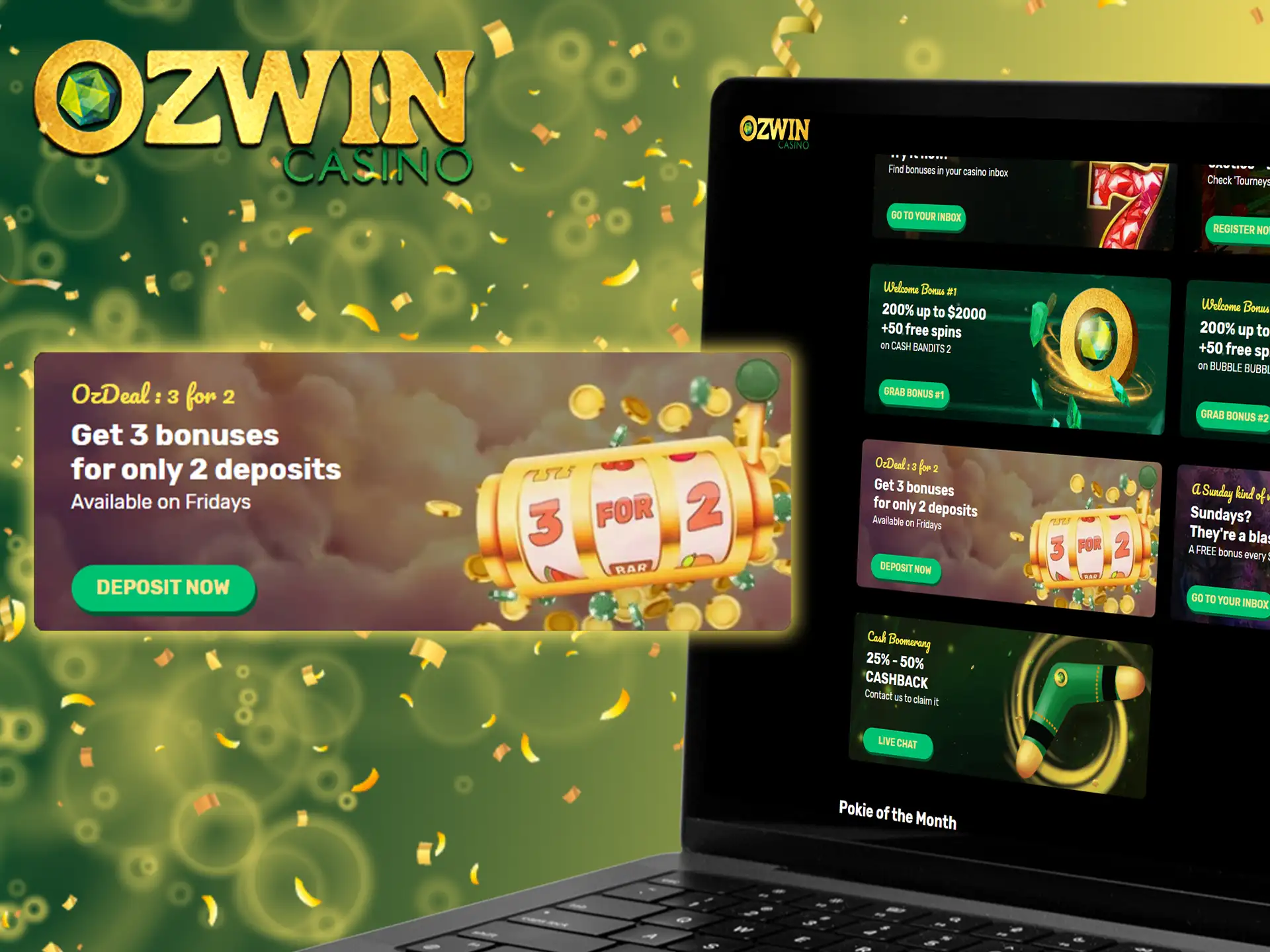 To enhance your gaming experience, Ozwin Casino is offering 2 no deposit bonuses and freebie prizes on Fridays.