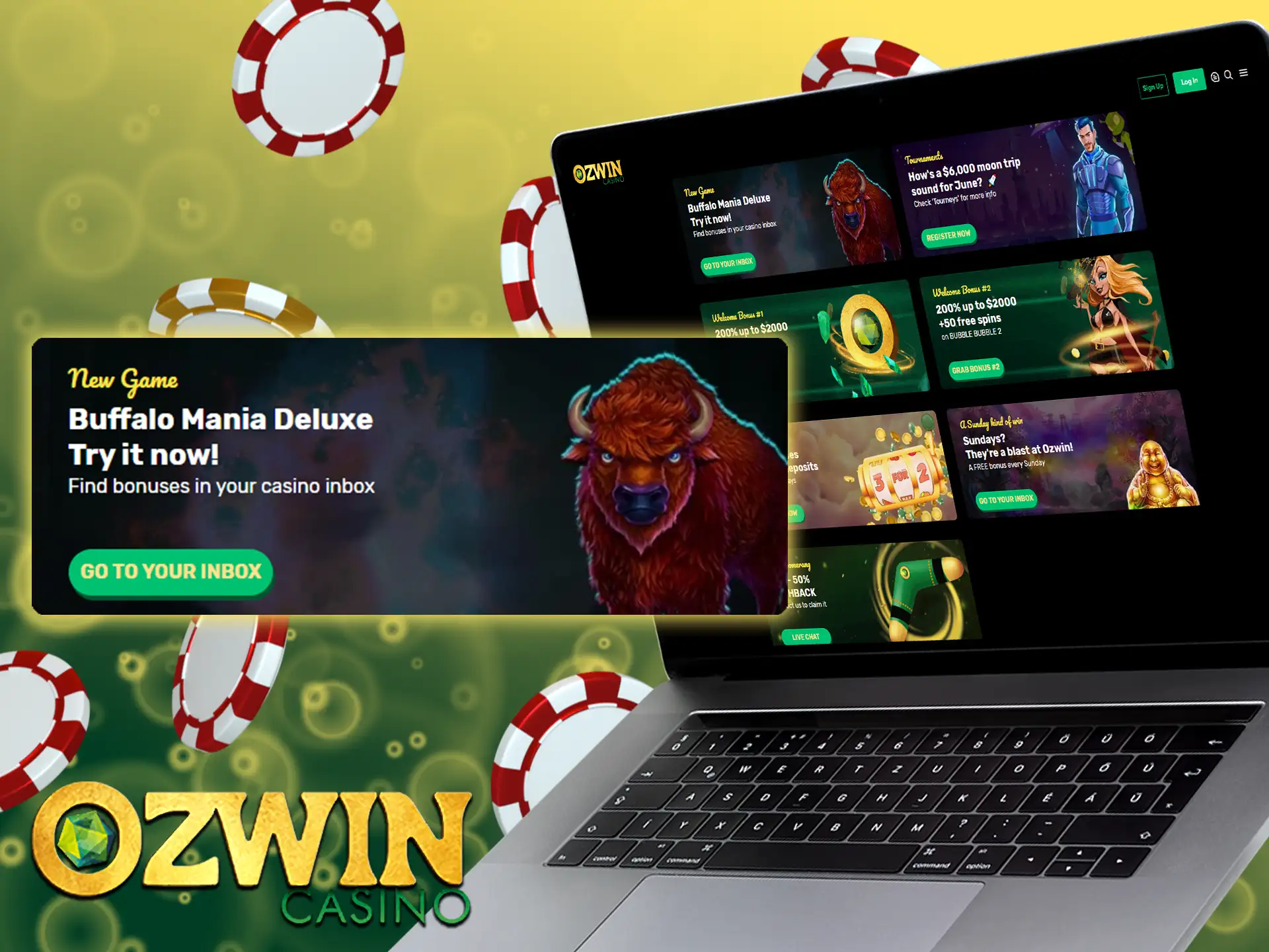 Redeem promo code and get 35 free spins on Buffalo Mania Deluxe at Ozwin website.