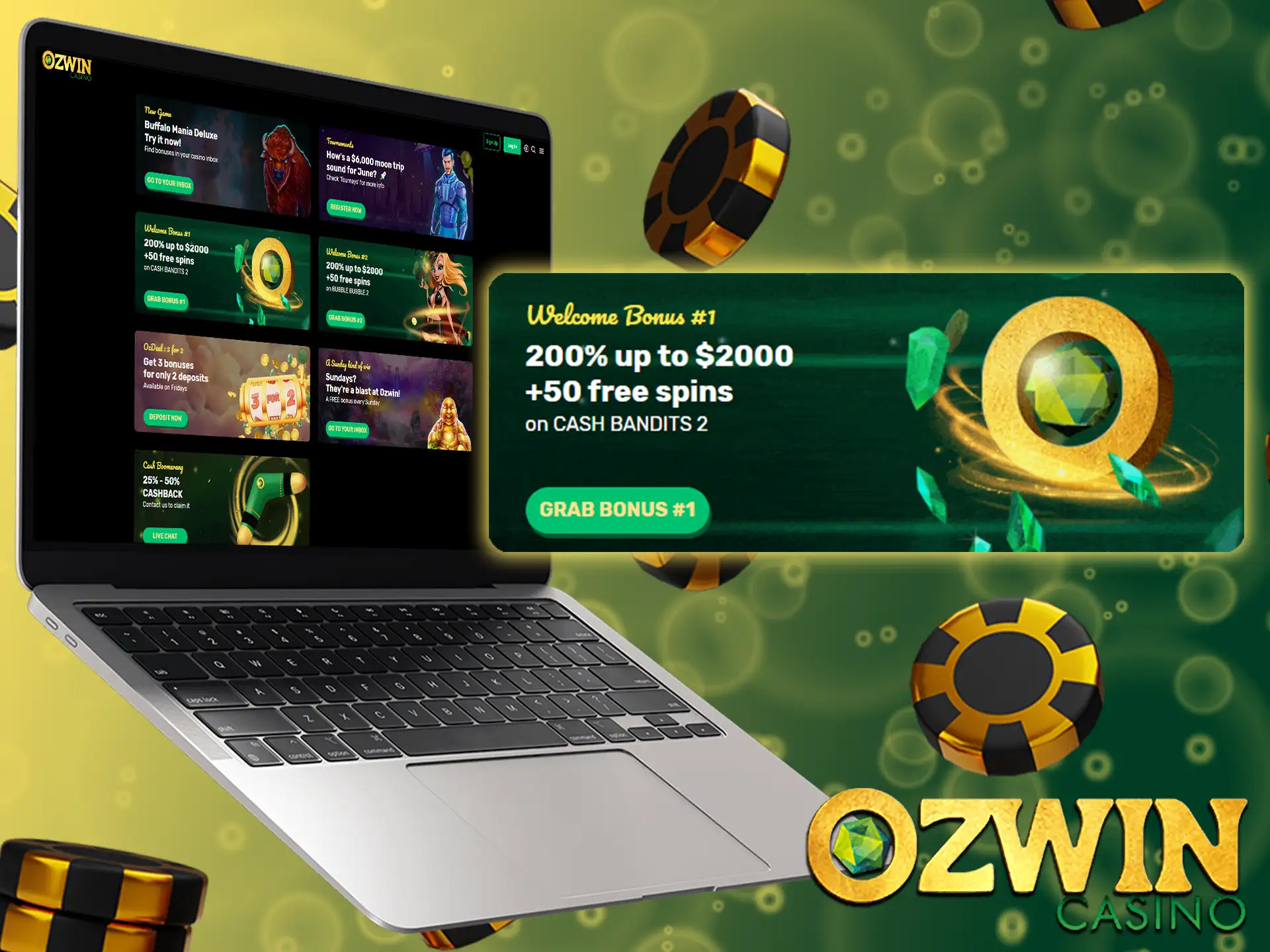 Get a promo code to play Cash Bandits 2 at Ozwin Casino.